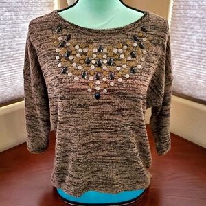 RENOVATIO tan and black 3/4 sleeve beaded sweater